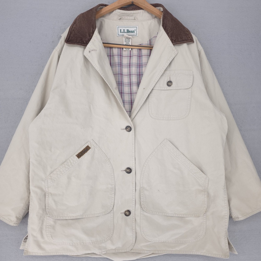 L.L.Bean Chore Coat Womens Petite XL Beige Canvas Barn Corduroy Collar Lined